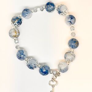 Blue and White Beaded Bracelet with Key Charm